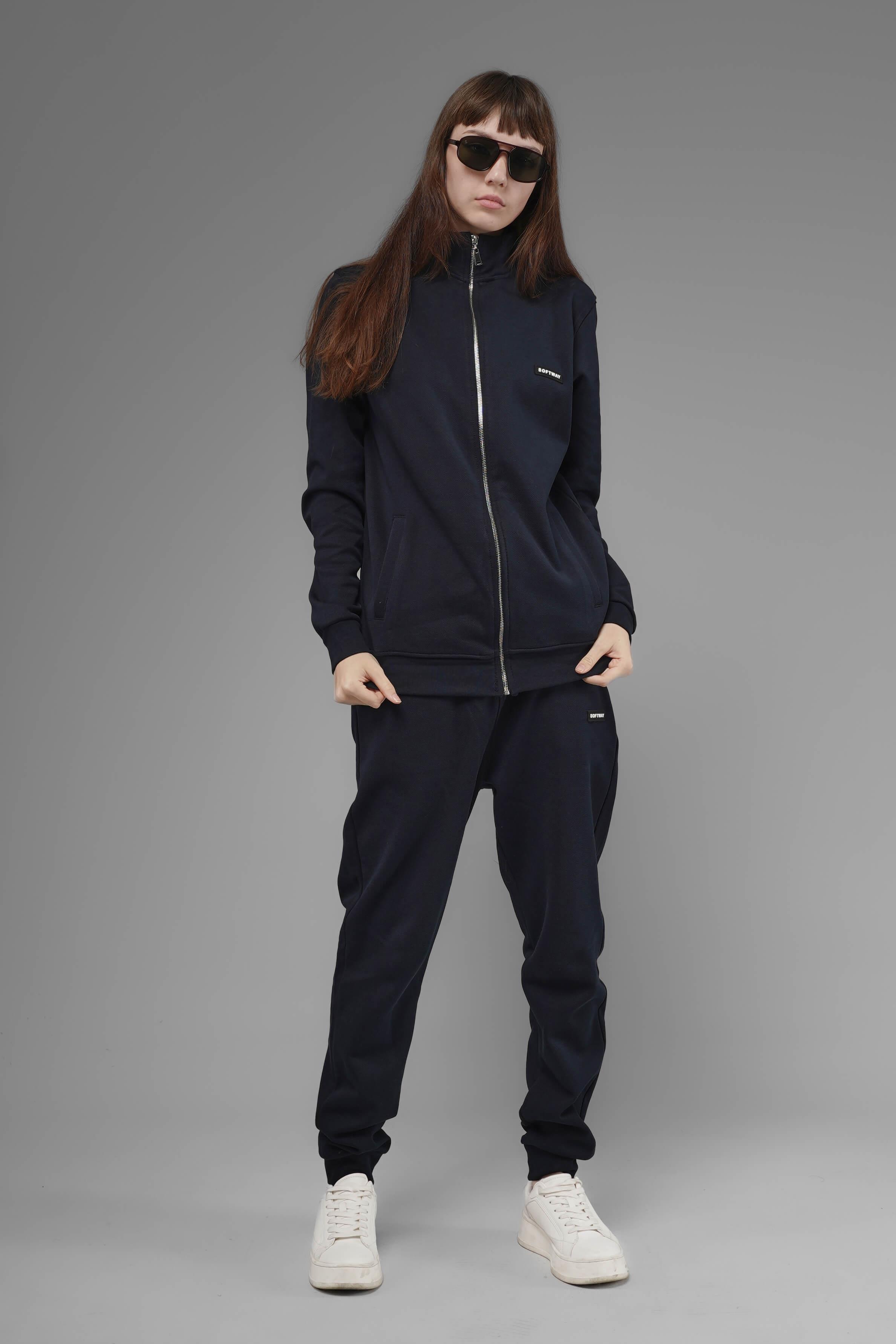 Unisex Regular Fit Dik Yaka Fermuarlı Cepli İnterlok Pike Sweatshirt - Lacivert