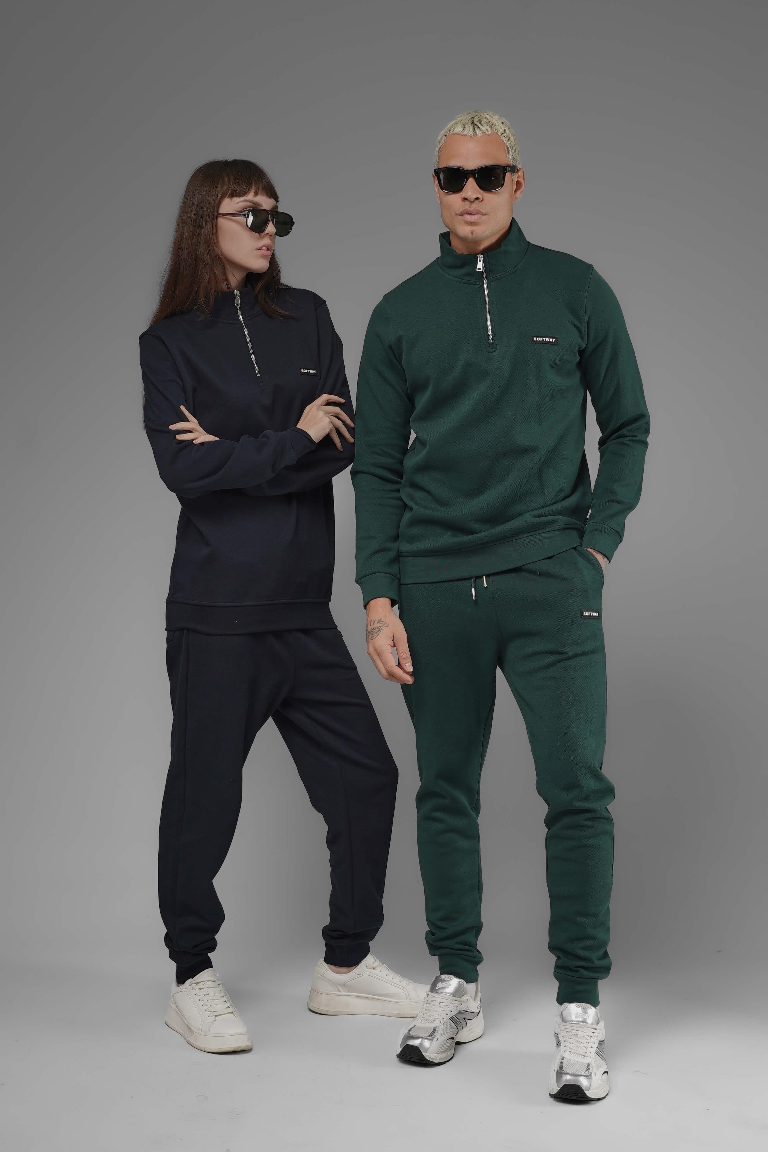 Unisex Regular Fit Dik Yaka Yarım Fermuarlı İnterlok Pike Sweatshirt - Lacivert