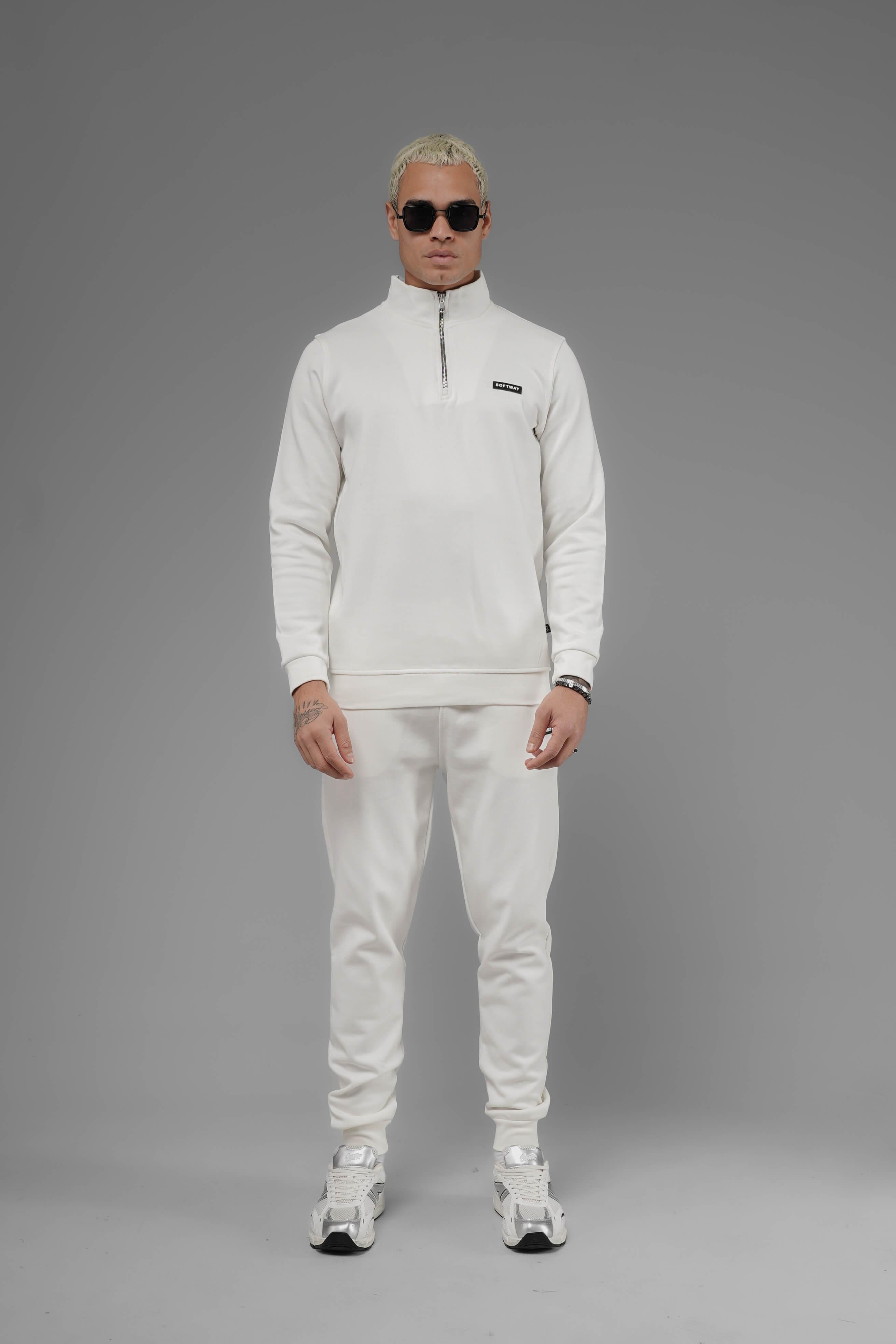 Unisex Regular Fit Dik Yaka Yarım Fermuarlı İnterlok Pike Sweatshirt - Beyaz