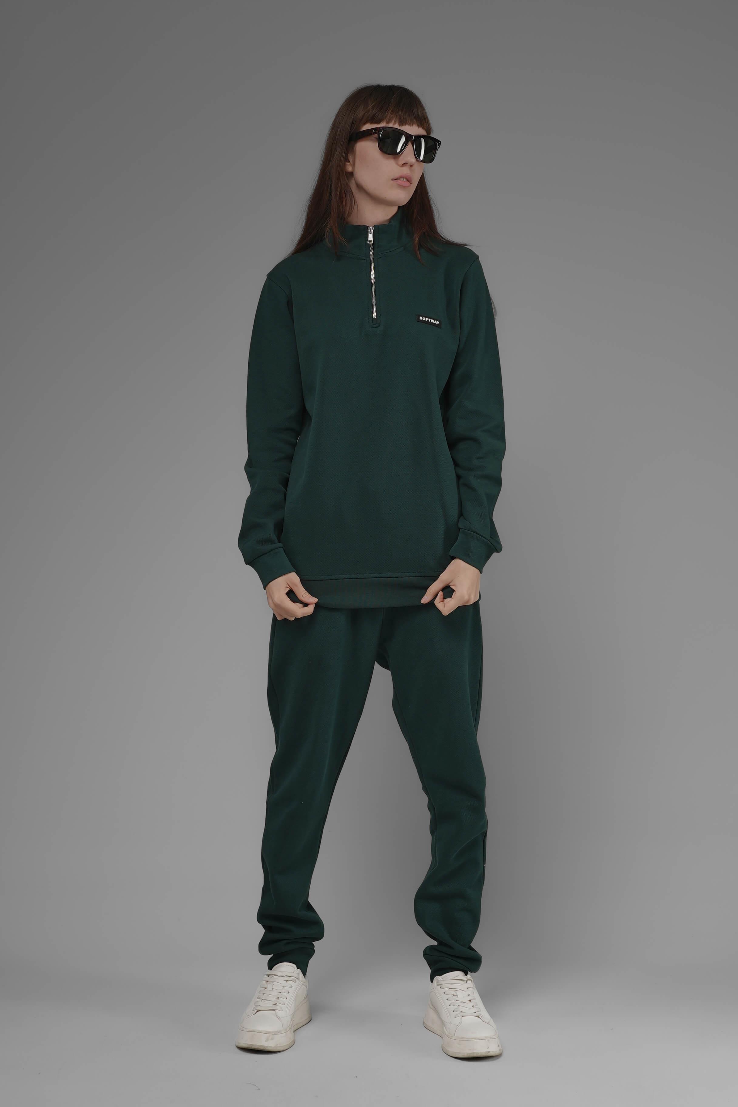 Unisex Regular Fit Dik Yaka Yarım Fermuarlı İnterlok Pike Sweatshirt - Koyu Yeşil
