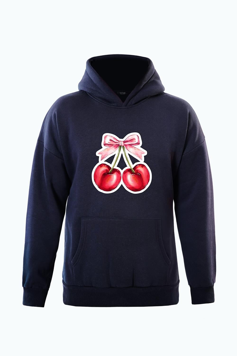 Unisex Ribbon Cherry Baskılı Kapüşonlu İçi Yumuşak Polarlı Oversize Sweatshirt - LACİVERT