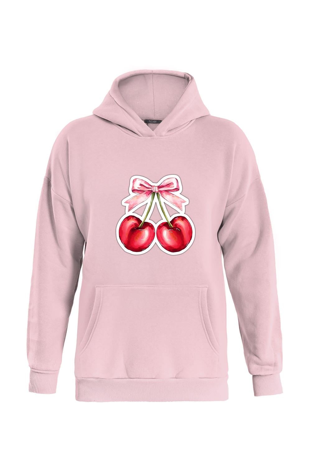 Unisex Ribbon Cherry Baskılı Kapüşonlu İçi Yumuşak Polarlı Oversize Sweatshirt - PEMBE