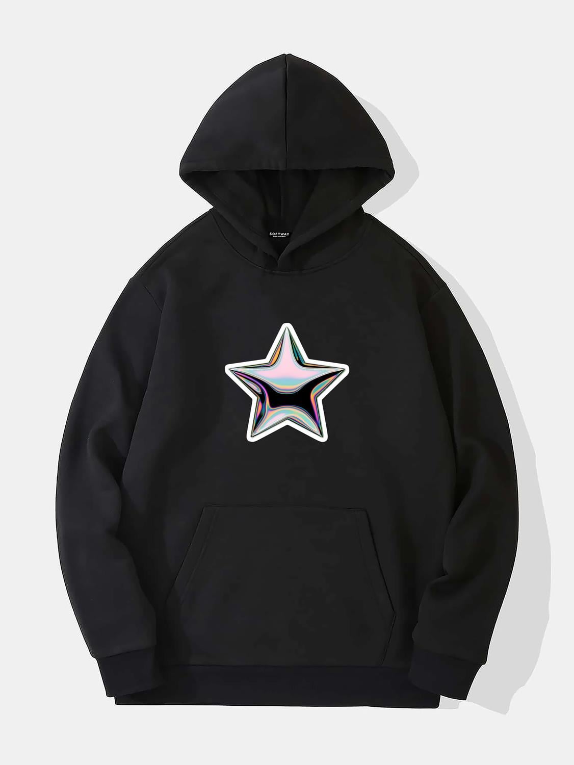 Unisex Shining Metallic Star Baskılı Kapüşonlu İçi Yumuşak Polarlı Oversize Sweatshirt - SİYAH