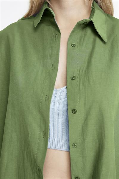 Kadın Oversize Uzun Basic Gömlek - HAKİ