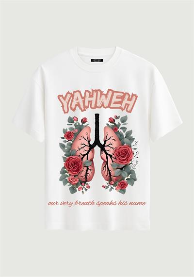 Unisex Bisiklet Yaka %100 Organik Pamuklu Kalın Dokulu YAHWEH Baskılı Oversize T-shirt - BEYAZ