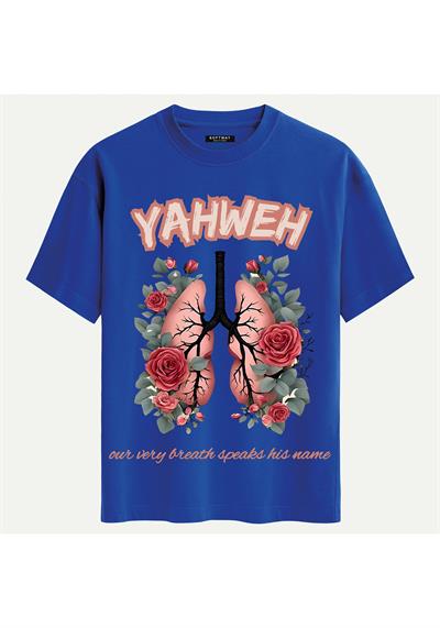 Unisex Bisiklet Yaka %100 Organik Pamuklu Kalın Dokulu YAHWEH Baskılı Oversize T-shirt - SAKS MAVİSİ