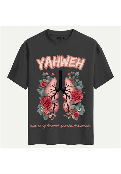 Unisex Bisiklet Yaka %100 Organik Pamuklu Kalın Dokulu YAHWEH Baskılı Oversize T-shirt - FÜME