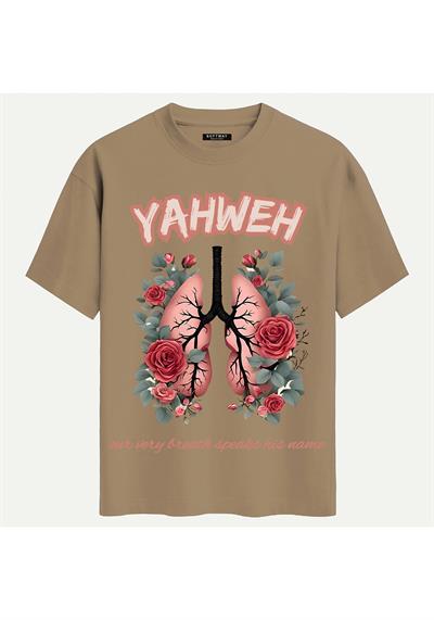 Unisex Bisiklet Yaka %100 Organik Pamuklu Kalın Dokulu YAHWEH Baskılı Oversize T-shirt - AÇIK KAHVERENGİ