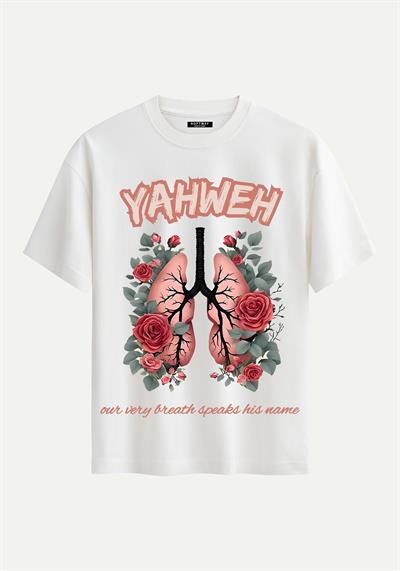 Unisex Bisiklet Yaka %100 Organik Pamuklu Kalın Dokulu YAHWEH Baskılı Oversize T-shirt - EKRU