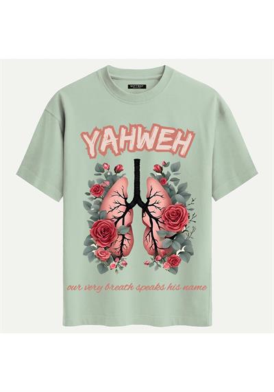 Unisex Bisiklet Yaka %100 Organik Pamuklu Kalın Dokulu YAHWEH Baskılı Oversize T-shirt - BEJ