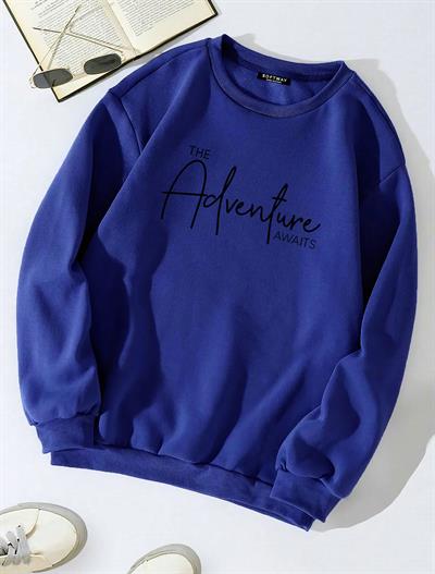Unisex Oversize Bisiklet Yaka Basic Adventure Baskılı Sweatshirt - SAKS MAVİSİ