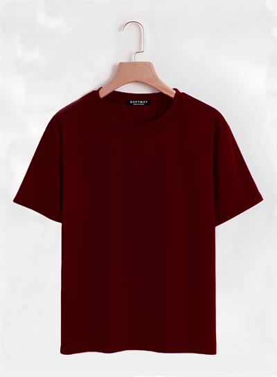 Unisex Oversize Bisiklet Yaka Düz Basic T-Shirt - BORDO