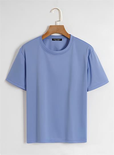 Unisex Oversize Bisiklet Yaka Düz Basic T-Shirt - MAVİ