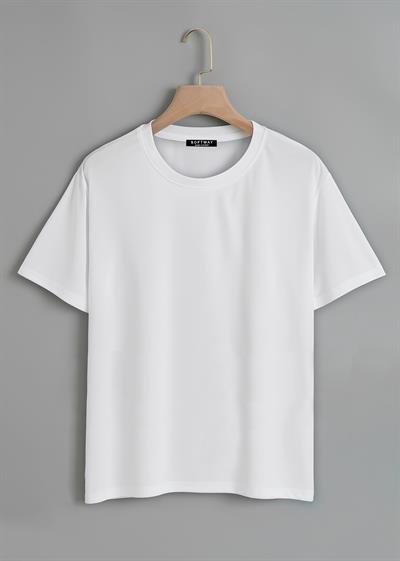 Unisex Oversize Bisiklet Yaka Düz Basic T-Shirt - BEYAZ