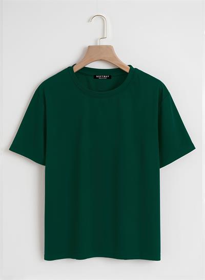 Unisex Oversize Bisiklet Yaka Düz Basic T-Shirt - KOYU YEŞİL