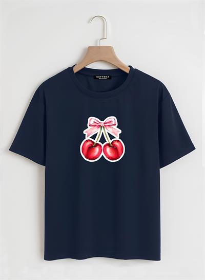 Unisex Oversize Bisiklet Yaka Ribbon Cherry Baskılı Basic T-Shirt - LACİVERT