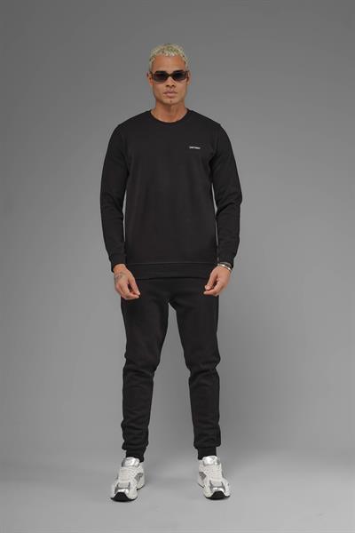 Unisex Regular Fit Bisiklet Yaka Dokulu İnterlok Pike Sweatshirt - Siyah