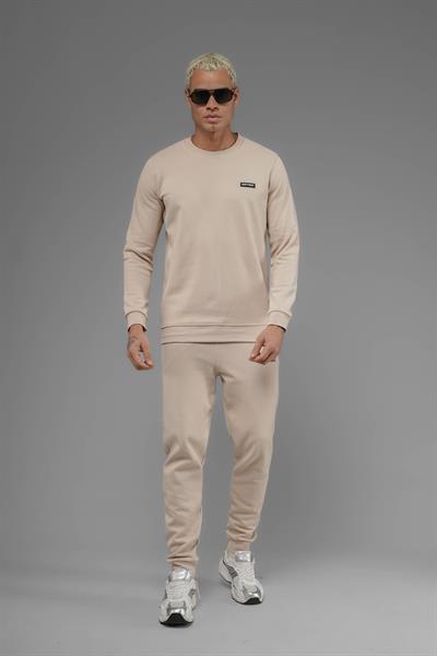 Unisex Regular Fit Bisiklet Yaka Dokulu İnterlok Pike Sweatshirt - Bej