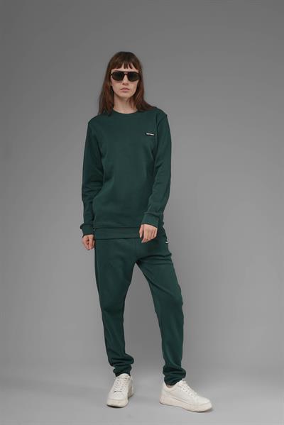 Unisex Regular Fit Bisiklet Yaka Dokulu İnterlok Pike Sweatshirt - Koyu Yeşil