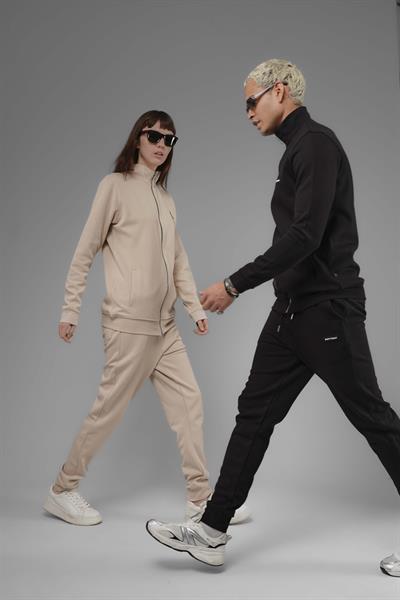 Unisex Regular Fit Dik Yaka Fermuarlı Cepli İnterlok Pike Sweatshirt  - Bej