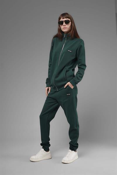Unisex Regular Fit Dik Yaka Fermuarlı Cepli İnterlok Pike Sweatshirt  - Koyu Yeşil