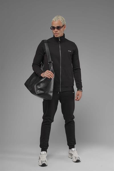 Unisex Regular Fit Dik Yaka Fermuarlı Cepli İnterlok Pike Sweatshirt - Siyah