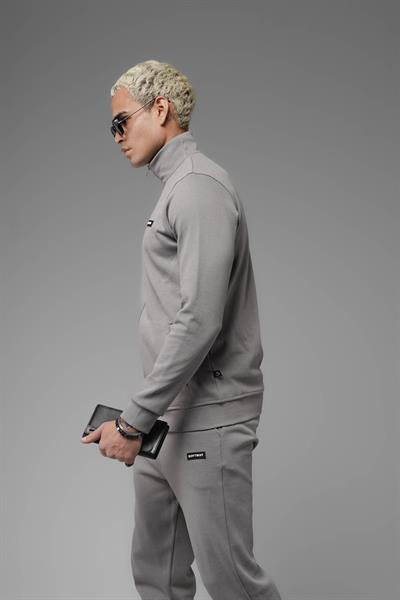 Unisex Regular Fit Dik Yaka Fermuarlı Cepli İnterlok Pike Sweatshirt - Gri