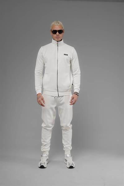 Unisex Regular Fit Dik Yaka Fermuarlı Cepli İnterlok Pike Sweatshirt - Beyaz