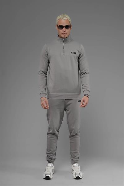 Unisex Regular Fit Dik Yaka Yarım Fermuarlı İnterlok Pike Sweatshirt - Gri