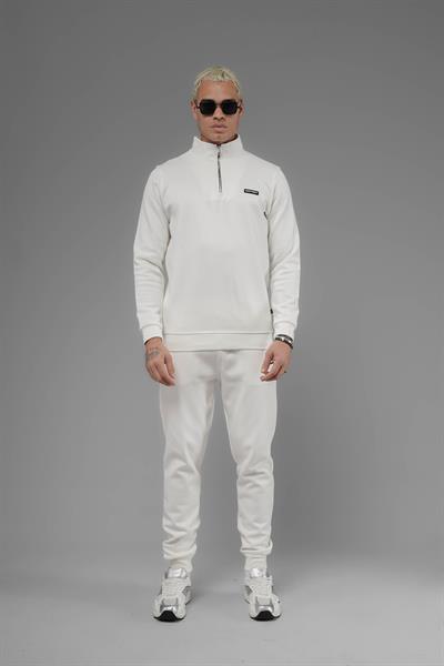 Unisex Regular Fit Dik Yaka Yarım Fermuarlı İnterlok Pike Sweatshirt - Beyaz