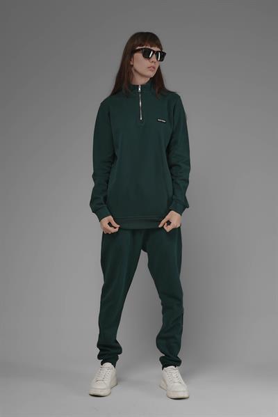 Unisex Regular Fit Dik Yaka Yarım Fermuarlı İnterlok Pike Sweatshirt - Koyu Yeşil