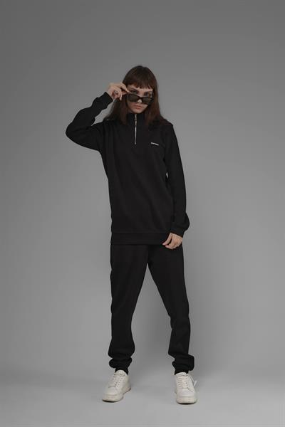 Unisex Regular Fit Dik Yaka Yarım Fermuarlı İnterlok Pike Sweatshirt - Siyah