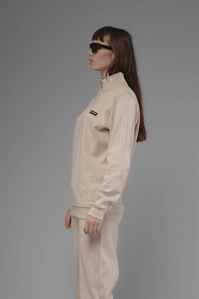 Unisex Regular Fit Dik Yaka Yarım Fermuarlı İnterlok Pike Sweatshirt - Bej