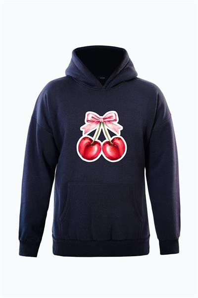 Unisex Ribbon Cherry Baskılı Kapüşonlu İçi Yumuşak Polarlı Oversize Sweatshirt - LACİVERT