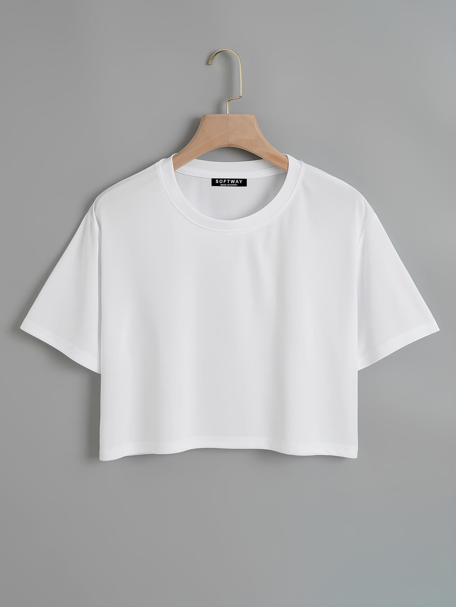Kadın Oversize Bisiklet Yaka Düz Crop T-shirt - BEYAZ