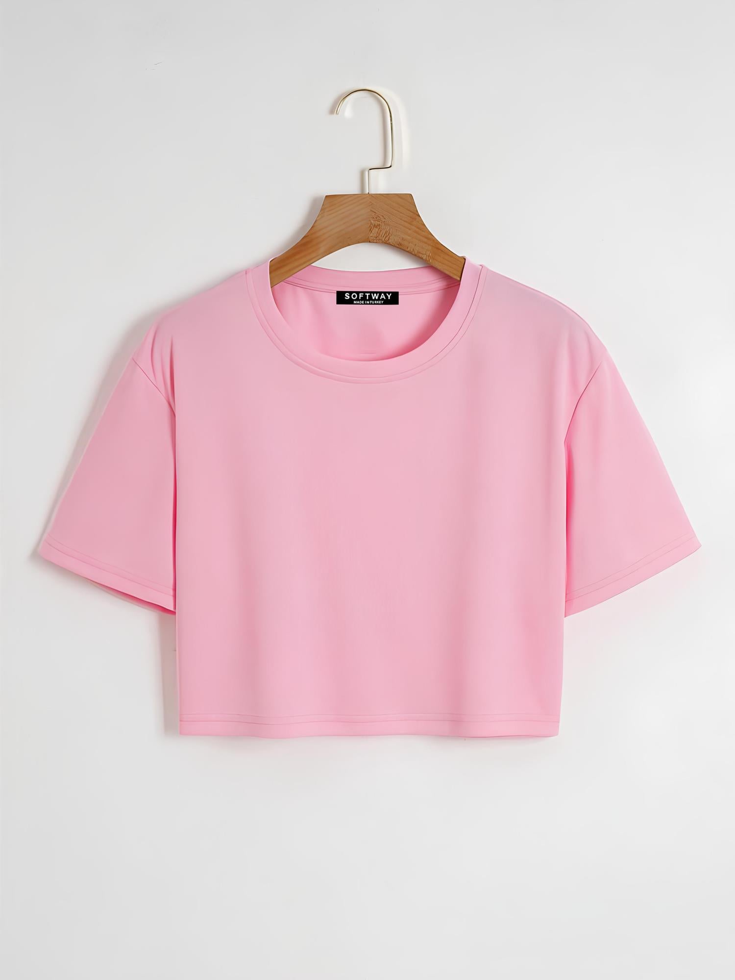 Kadın Oversize Bisiklet Yaka Düz Crop T-shirt - PEMBE