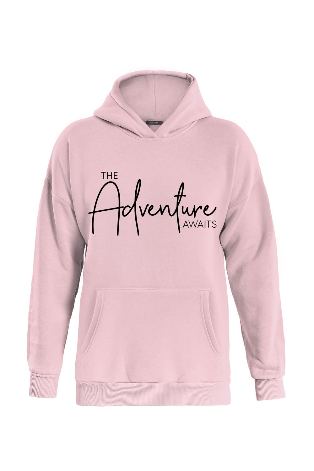Unisex Adventure Baskılı Kapüşonlu İçi Yumuşak Polarlı Oversize Sweatshirt - PEMBE