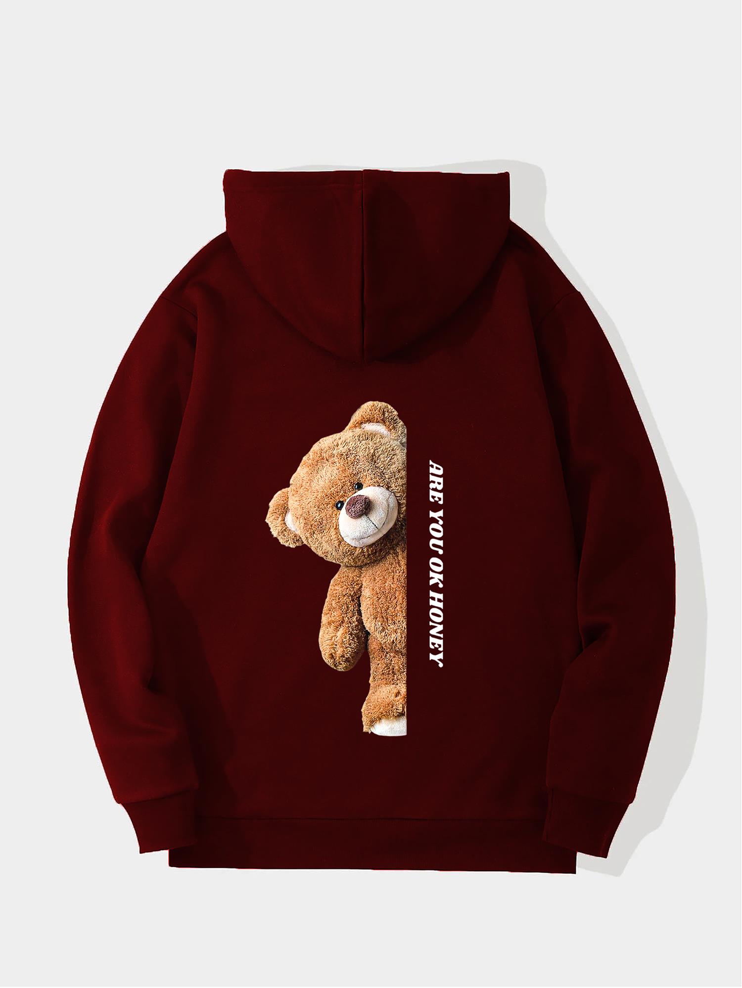 Unisex Are You Ok Honey Baskılı Kapüşonlu İçi Yumuşak Polarlı Oversize Sweatshirt - BORDO