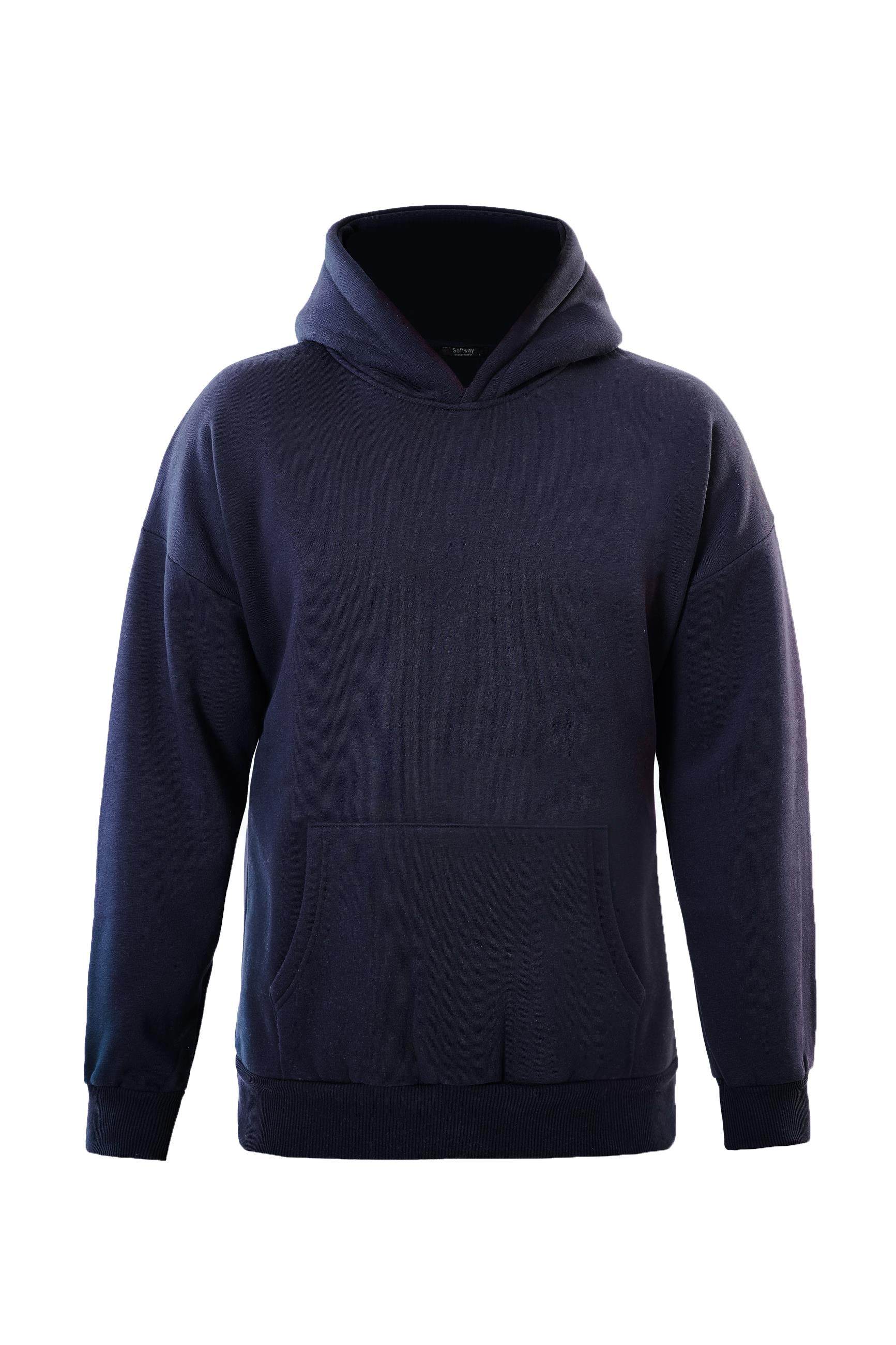 Unisex Basic Düz Renk Kapüşonlu İçi Yumuşak Polarlı Oversize Sweatshirt - LACİVERT