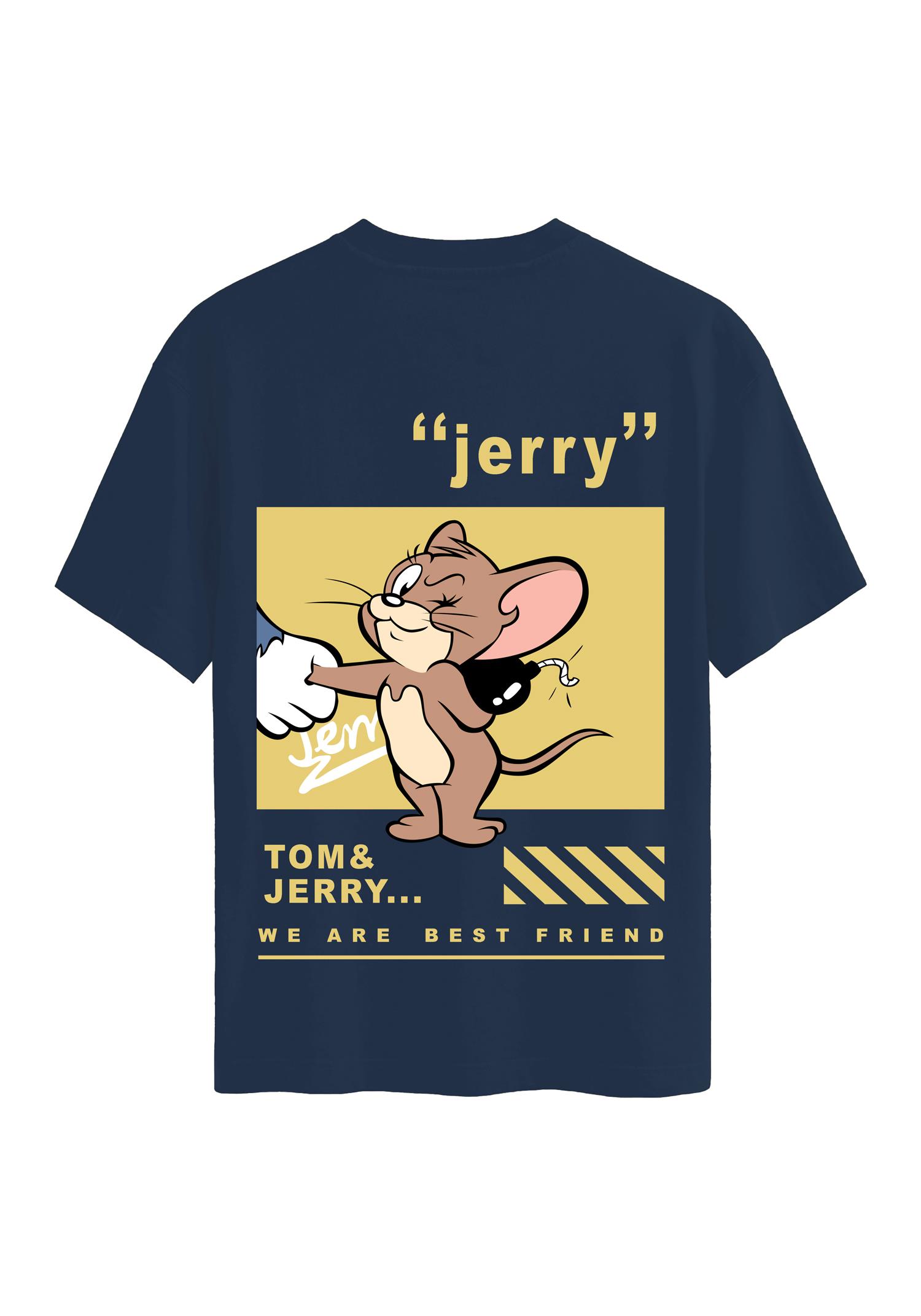 Unisex Bisiklet Yaka %100 Organik Pamuklu Kalın Dokulu Jerry Baskılı Oversize T-shirt - LACİVERT