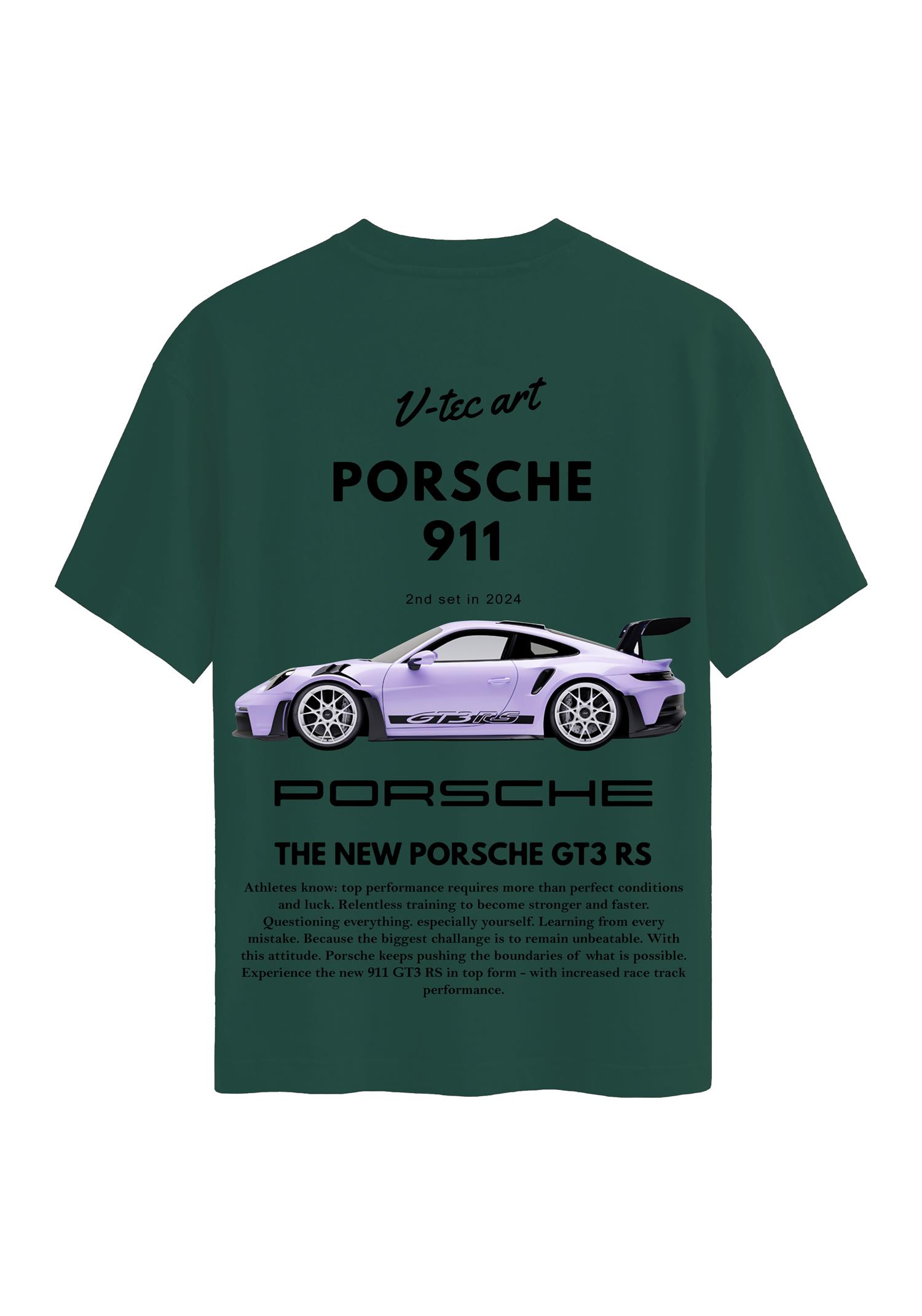 Unisex Bisiklet Yaka %100 Organik Pamuklu Kalın Dokulu Porsche 911 Baskılı Oversize T-shirt - KOYU YEŞİL