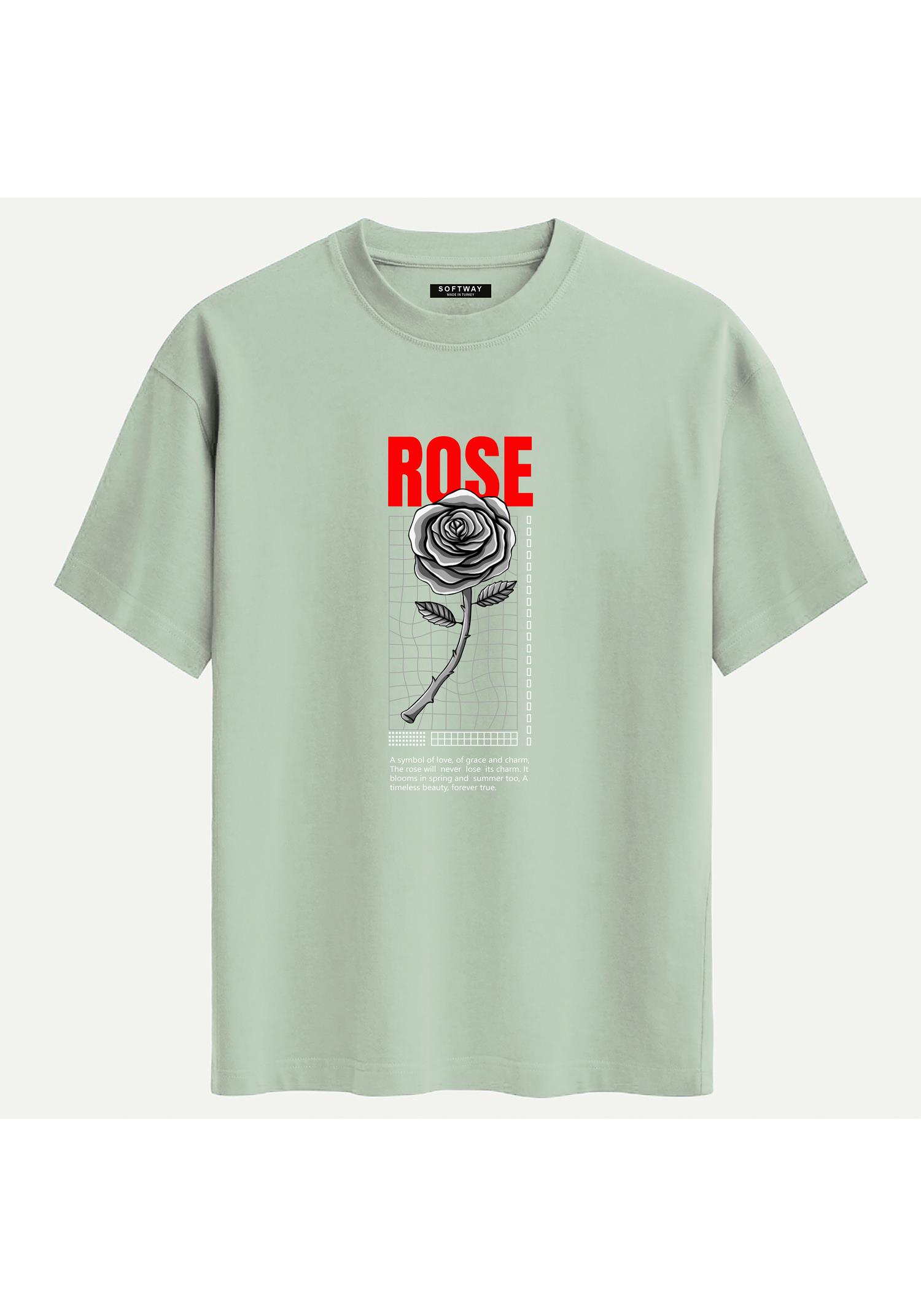 Unisex Bisiklet Yaka %100 Organik Pamuklu Kalın Dokulu Rose Baskılı Oversize T-shirt - BEJ