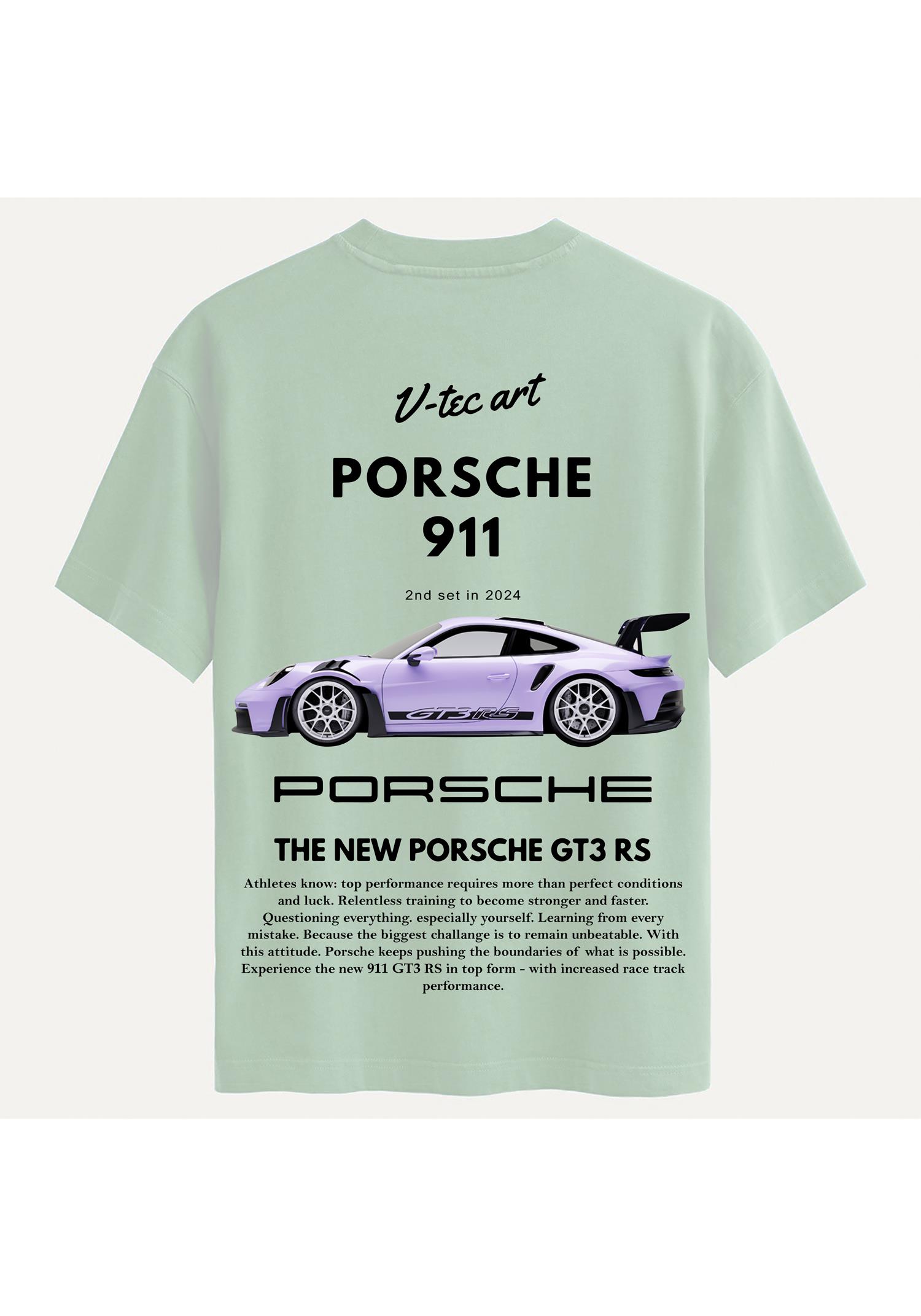 Unisex Bisiklet Yaka %100 Organik Pamuklu Kalın Dokulu Porsche 911 Baskılı Oversize T-shirt - BEJ