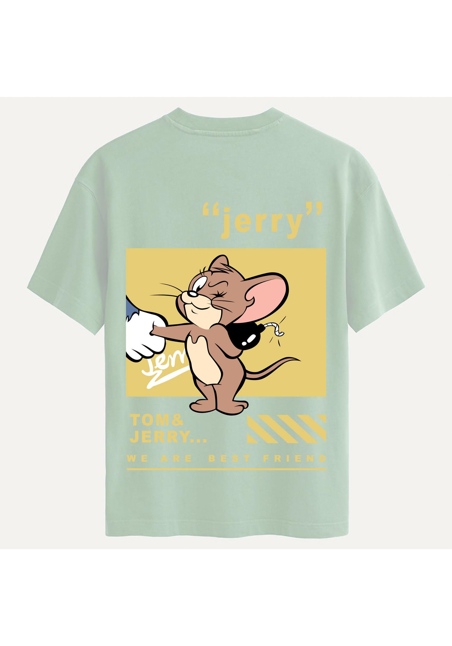 Unisex Bisiklet Yaka %100 Organik Pamuklu Kalın Dokulu Jerry Baskılı Oversize T-shirt - BEJ