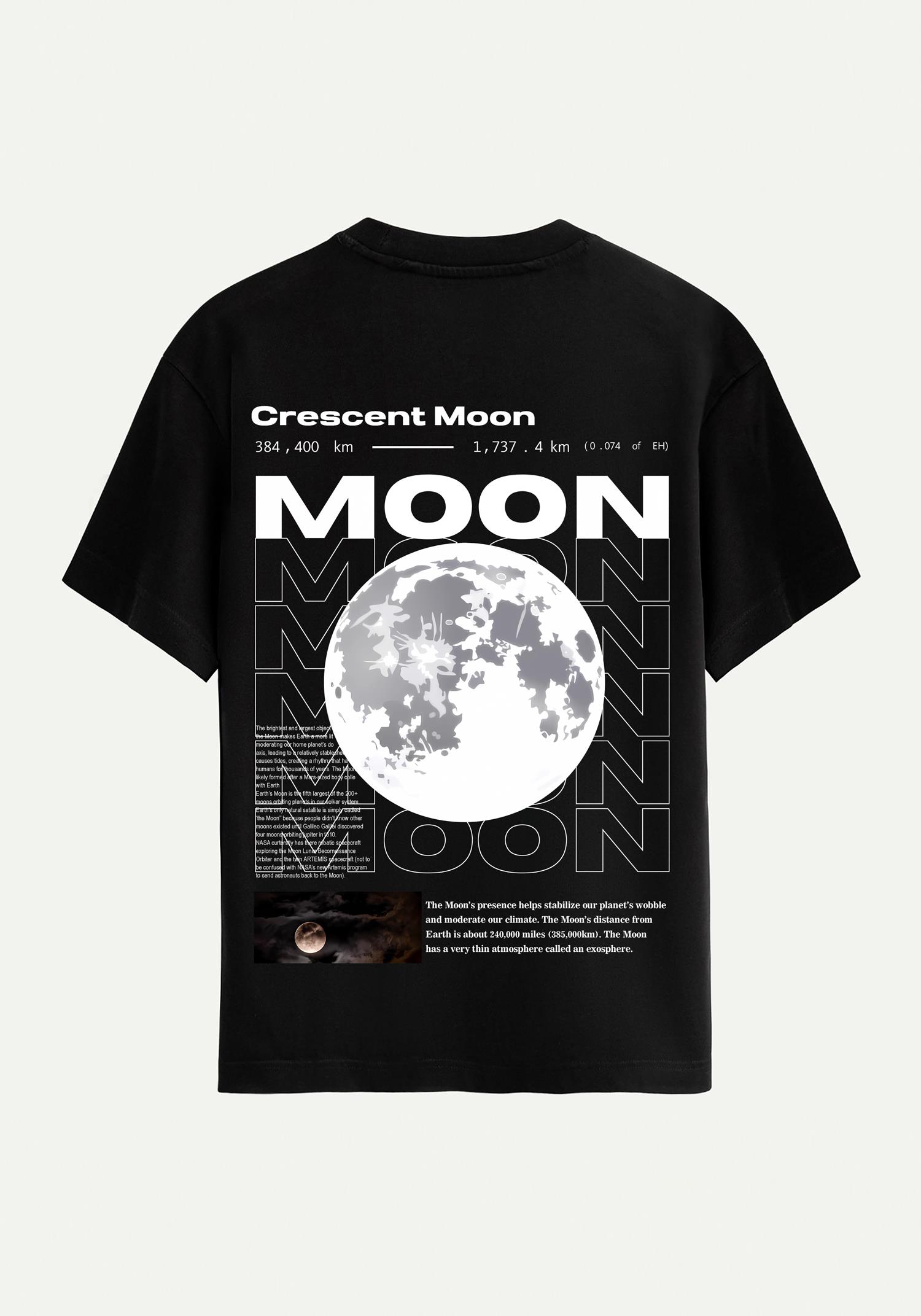 Unisex Bisiklet Yaka %100 Organik Pamuklu Kalın Dokulu Moon Baskılı Oversize T-shirt - SİYAH