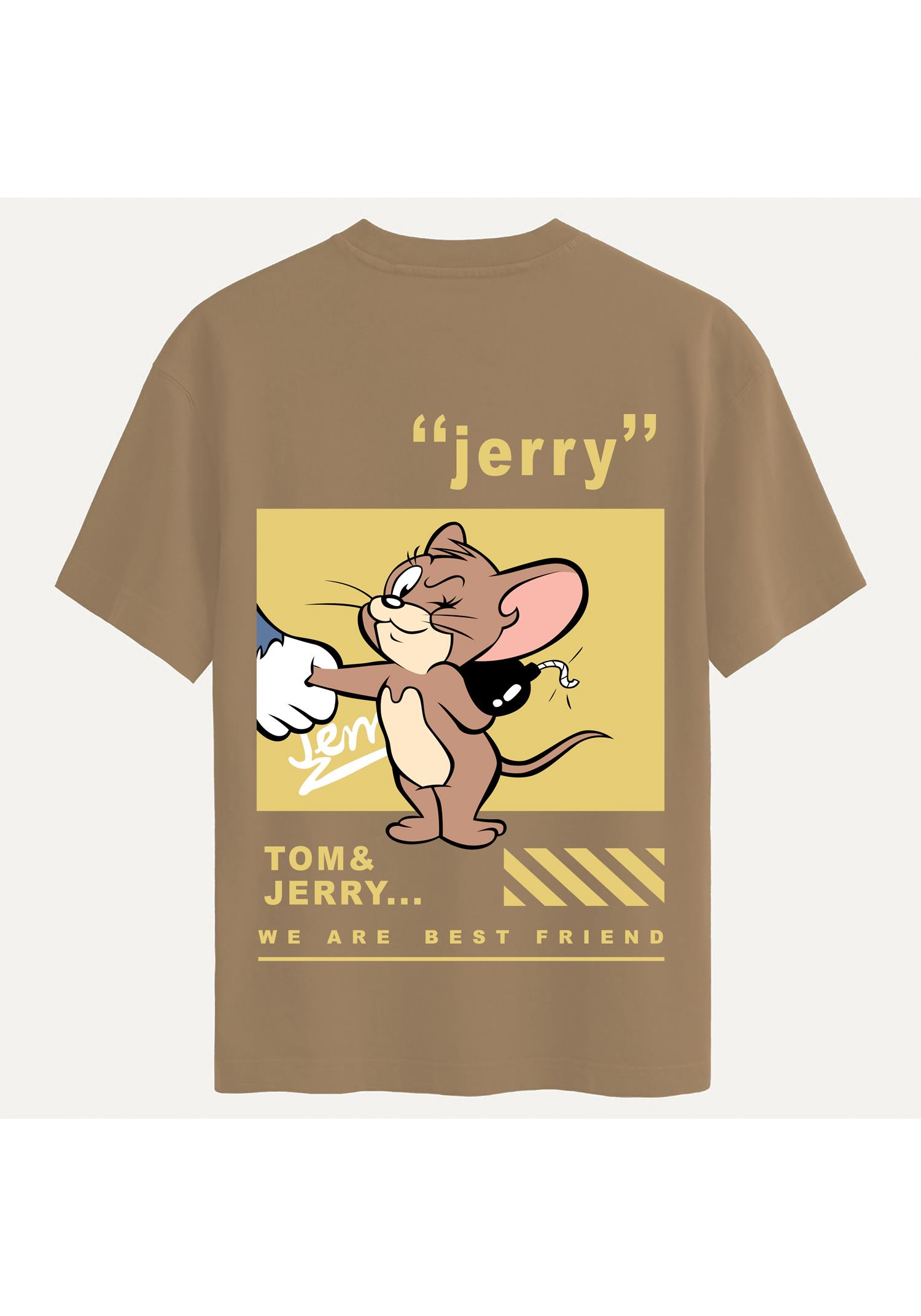 Unisex Bisiklet Yaka %100 Organik Pamuklu Kalın Dokulu Jerry Baskılı Oversize T-shirt - AÇIK KAHVERENGİ