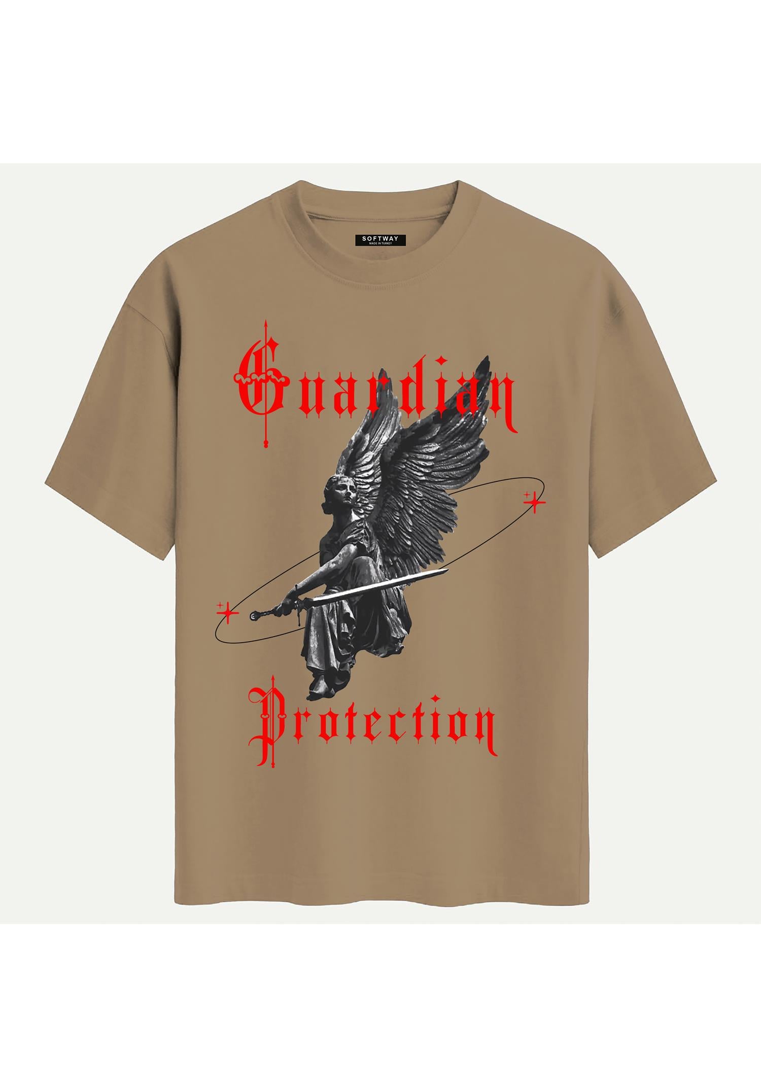 Unisex Bisiklet Yaka %100 Organik Pamuklu Kalın Dokulu Guardian Protection Baskılı Oversize T-shirt - AÇIK KAHVERENGİ