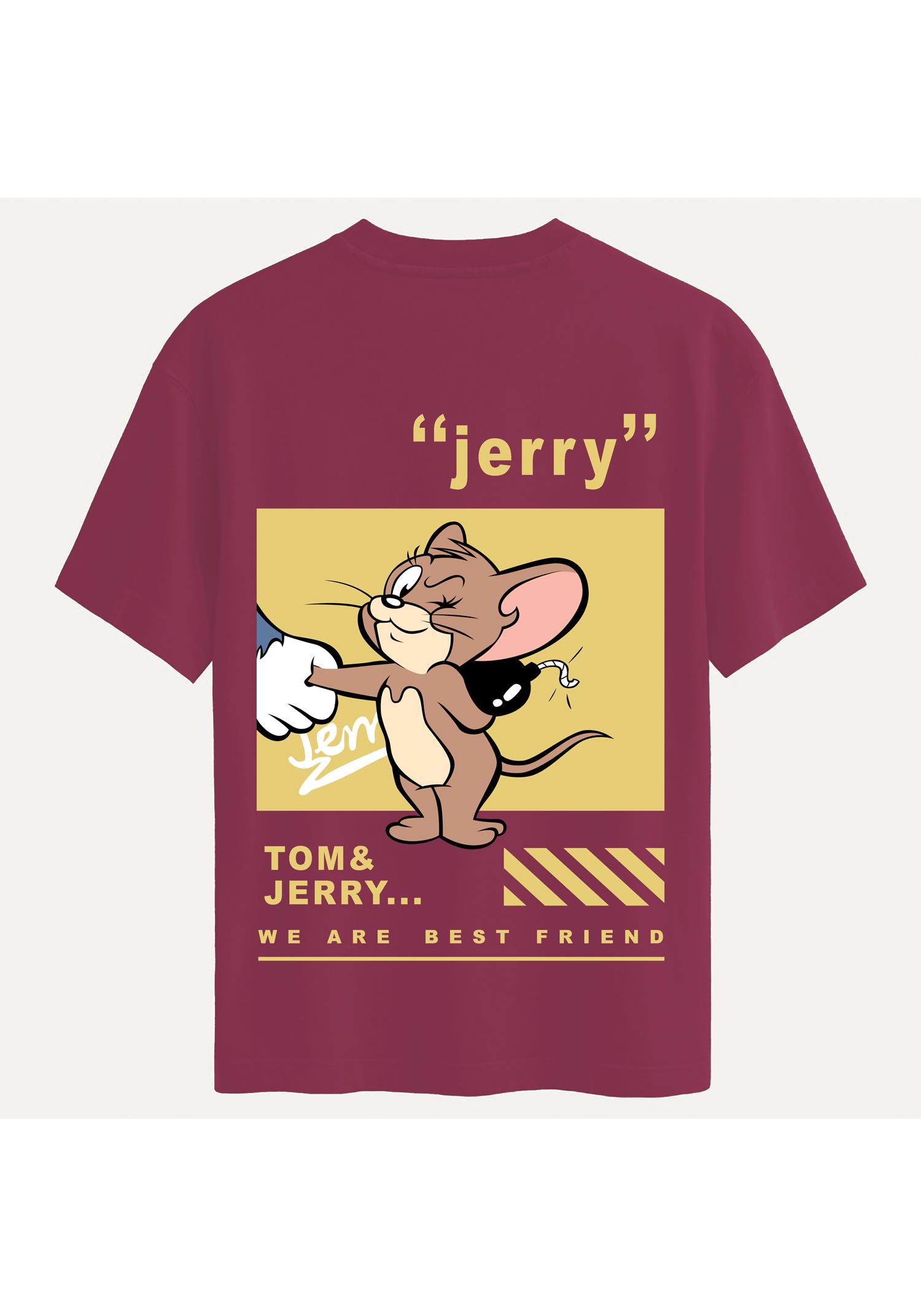 Unisex Bisiklet Yaka %100 Organik Pamuklu Kalın Dokulu Jerry Baskılı Oversize T-shirt - BORDO