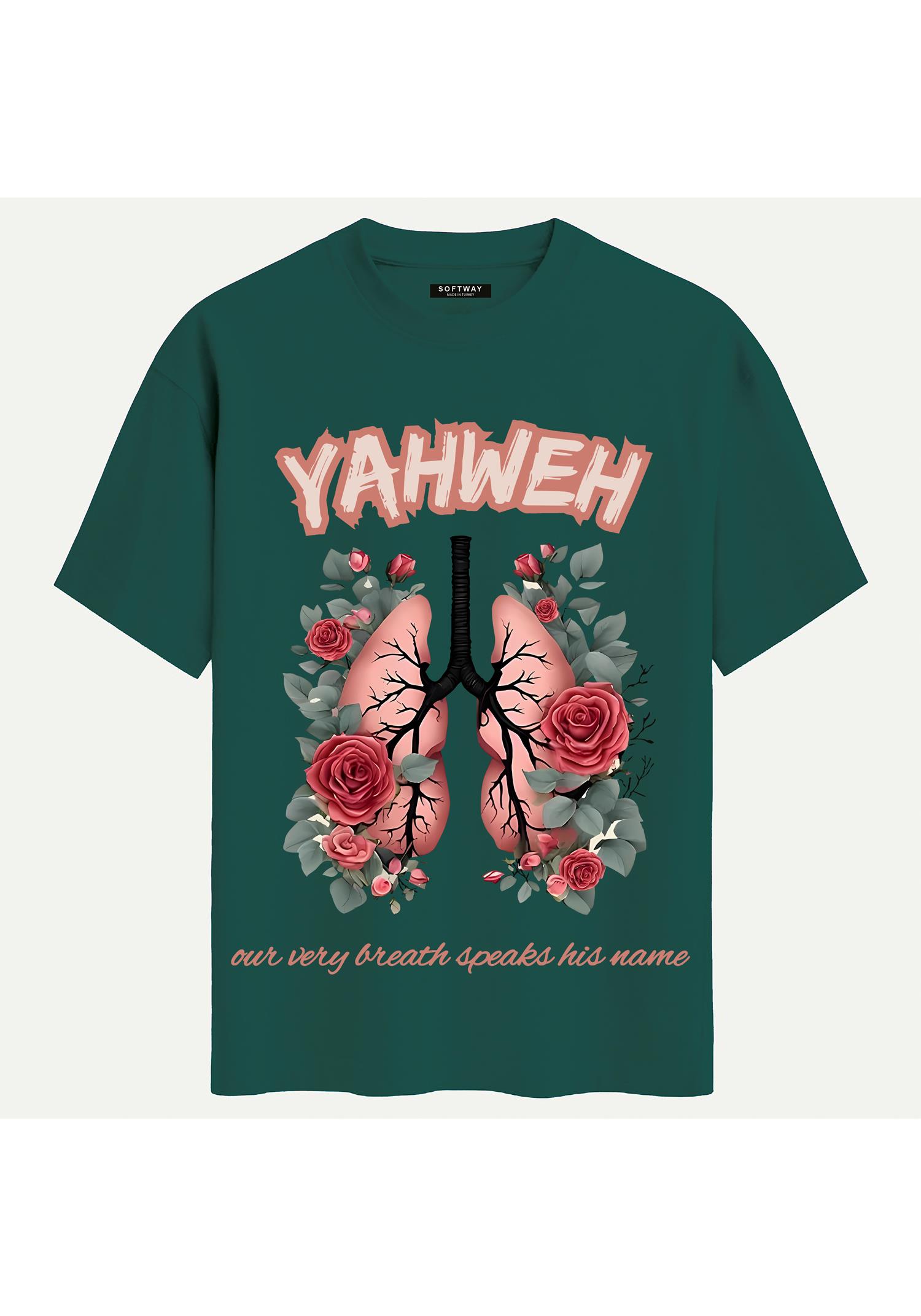 Unisex Bisiklet Yaka %100 Organik Pamuklu Kalın Dokulu YAHWEH Baskılı Oversize T-shirt - KOYU YEŞİL