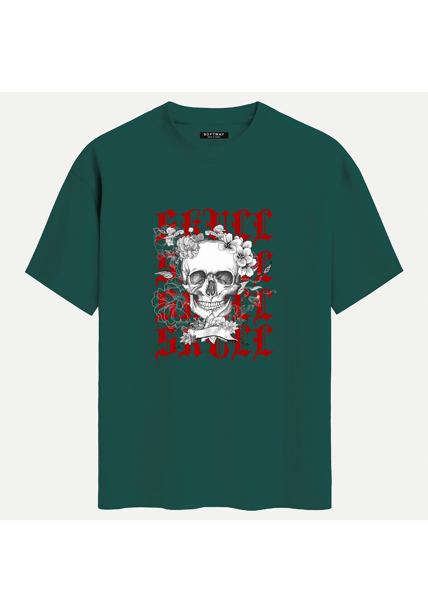 Unisex Bisiklet Yaka %100 Organik Pamuklu Kalın Dokulu Skull Baskılı Oversize T-shirt - KOYU YEŞİL